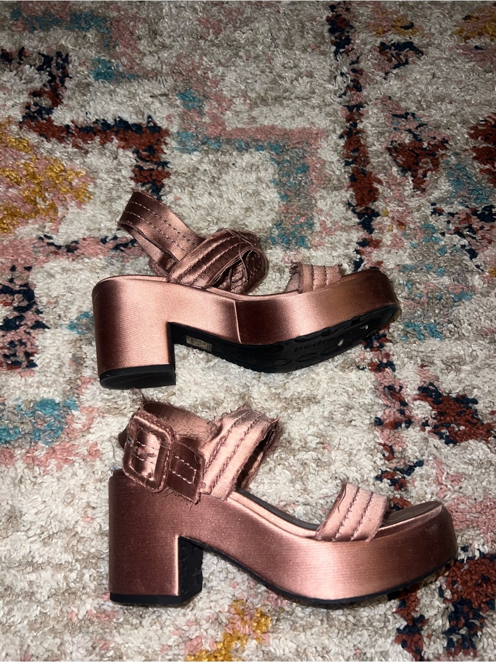 Pedro Garcia Rose Gold Satin Block Heel Sandals